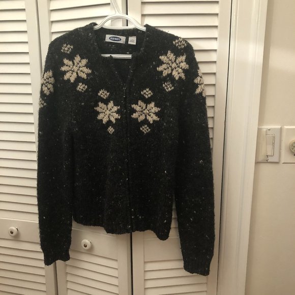 Old Navy gray knit wool snow flake print, 100% wool, full front zip, L - Picture 1 of 7